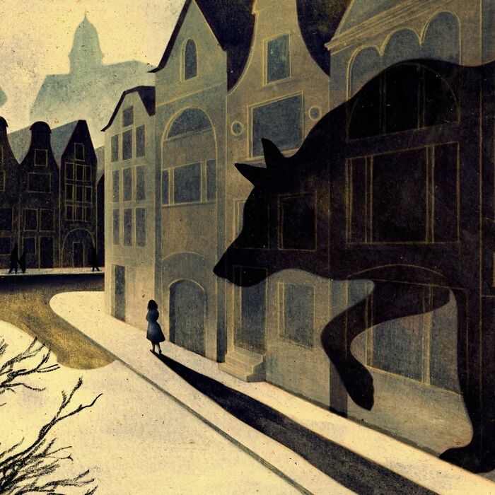 A person walking along shadowy buildings with a large wolf shadow, illustrating beauty and melancholy synchronization.