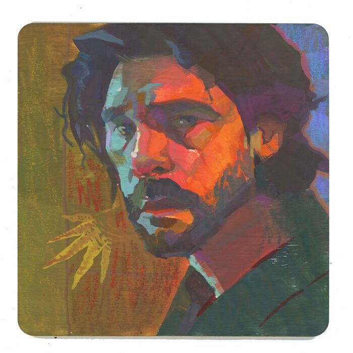 Colorful portrait painting by an animator, featuring a man's contemplative expression in a warm plein-air style.