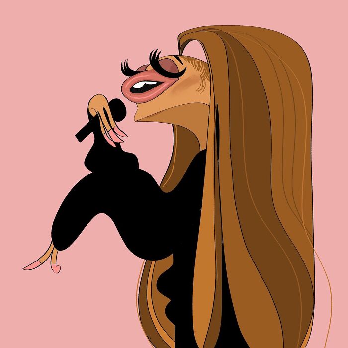 Caricature of a celebrity singing, with exaggerated features, wearing a black outfit, by artist Lindsey Olivares.