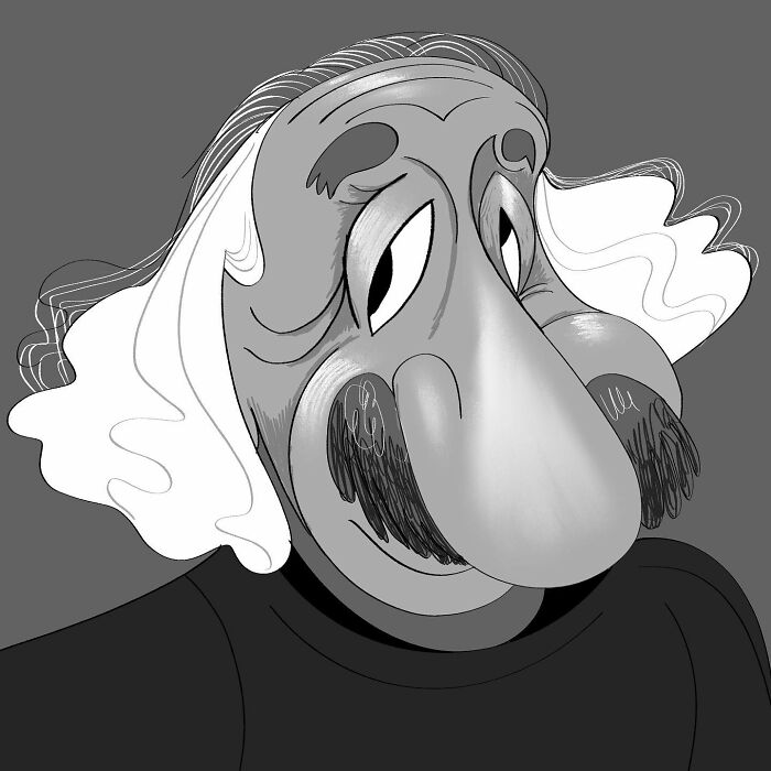 Caricature of a person with exaggerated features, illustrated by Lindsey Olivares.