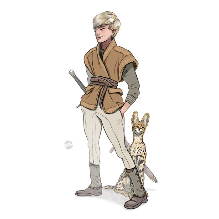 Illustrated character with a sword and a serval creature companion, wearing a brown tunic and boots.