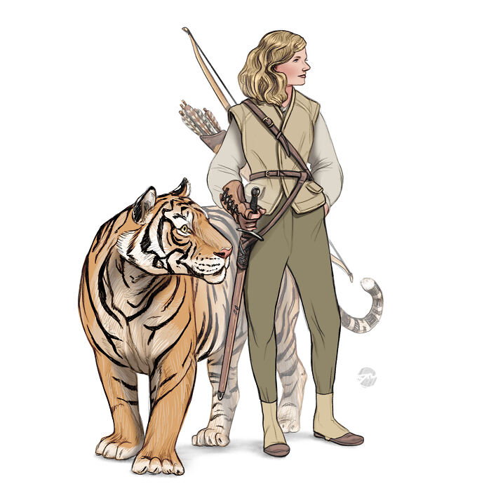 Illustration of a character with a tiger companion, dressed in an archer outfit, showcasing fantasy artwork.