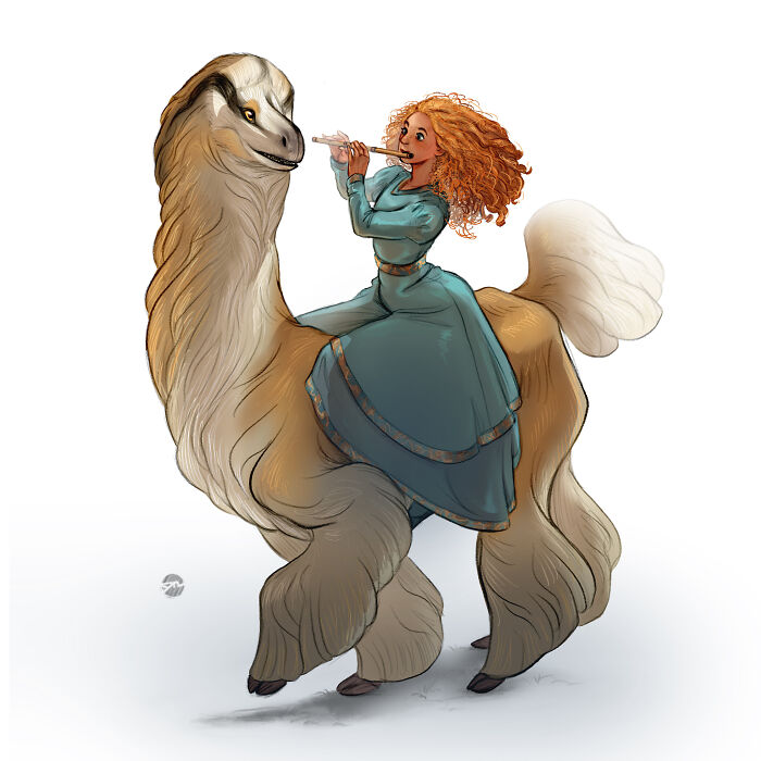 Illustrated character in blue dress playing a flute, sitting on a creature companion resembling a llama.