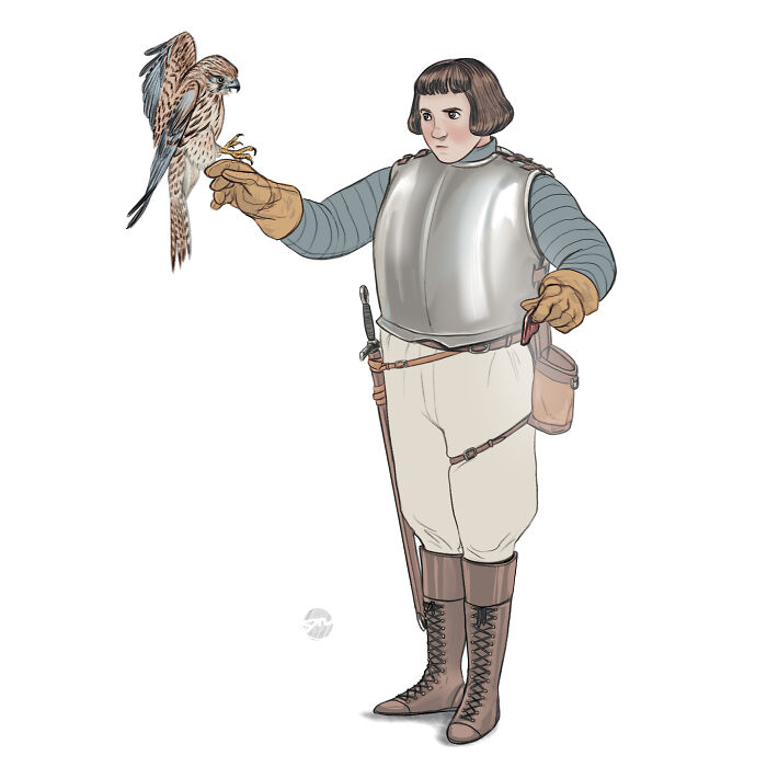 Illustrated character in armor with bird companion perched on hand.