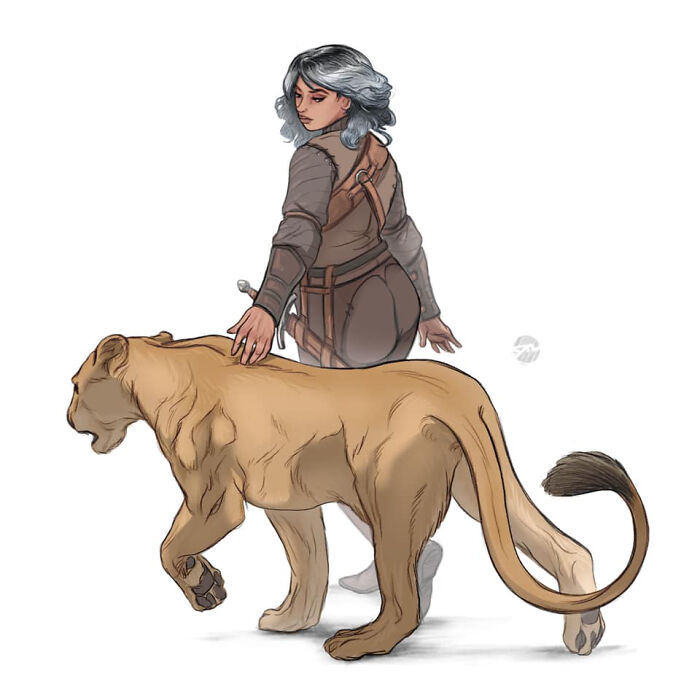 Character with gray hair in adventurer attire with a lion companion, highlighting whimsical illustrated duo.