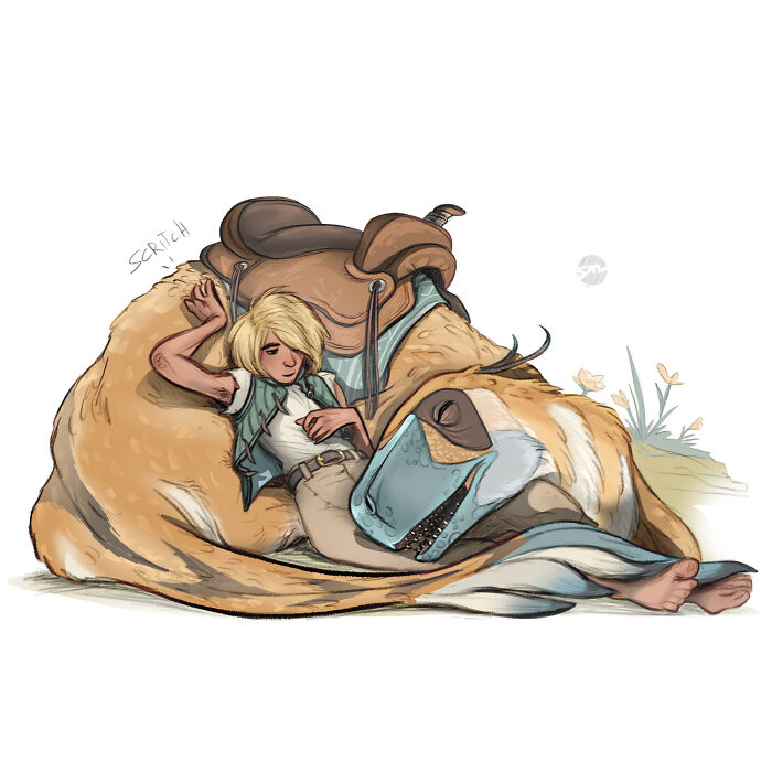 Illustration of a character resting on a large creature companion, featuring a saddle and resting flowers.