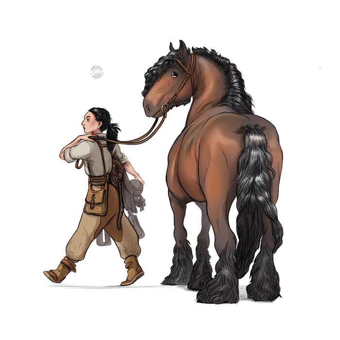 Character illustration with a horse companion, featuring intricate details and fantasy elements.