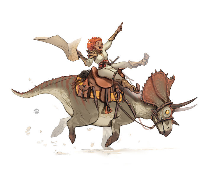 Illustrated character riding a dinosaur-like creature, holding a map, with an excited expression.