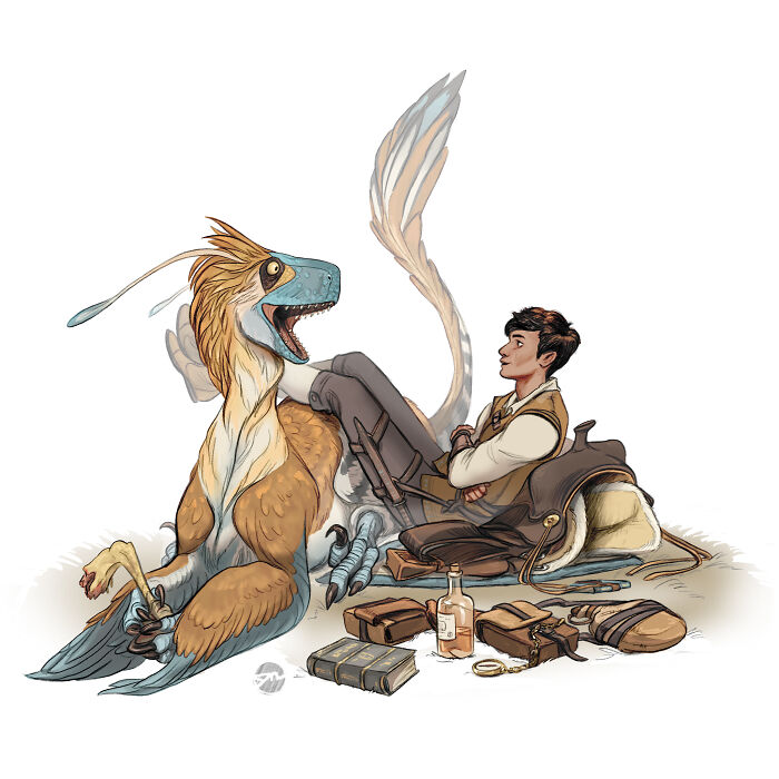 Illustration of a character with a feathered creature companion, surrounded by books and travel gear.