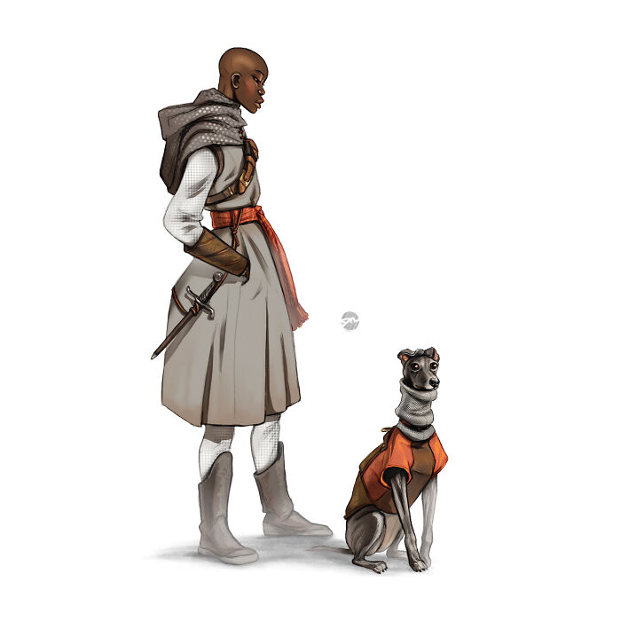 Illustrated character with a sword standing beside a greyhound companion, both in medieval-style attire.