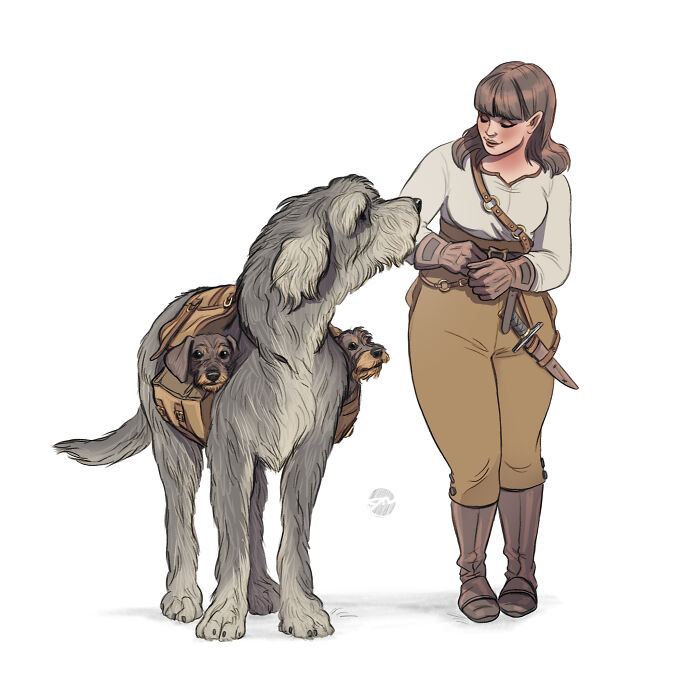 Character illustration with large furry companion and small creature partners, all in detailed fantasy attire.