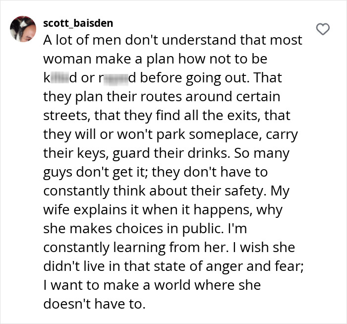 Instagram comment discussing women's safety measures in public spaces.