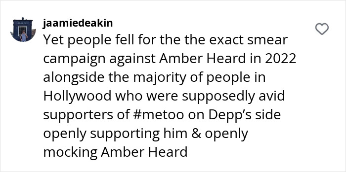 A tweet discussing Hollywood's response to Amber Heard and #MeToo supporters.