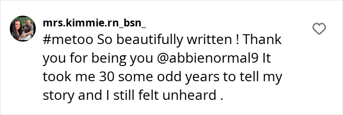 A heartfelt comment on Abigail Breslin's post about a past issue, mentioning #metoo and sharing a personal story.