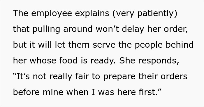 Text conversation highlighting a Karen's impatience and an employee’s explanation about serving orders efficiently.