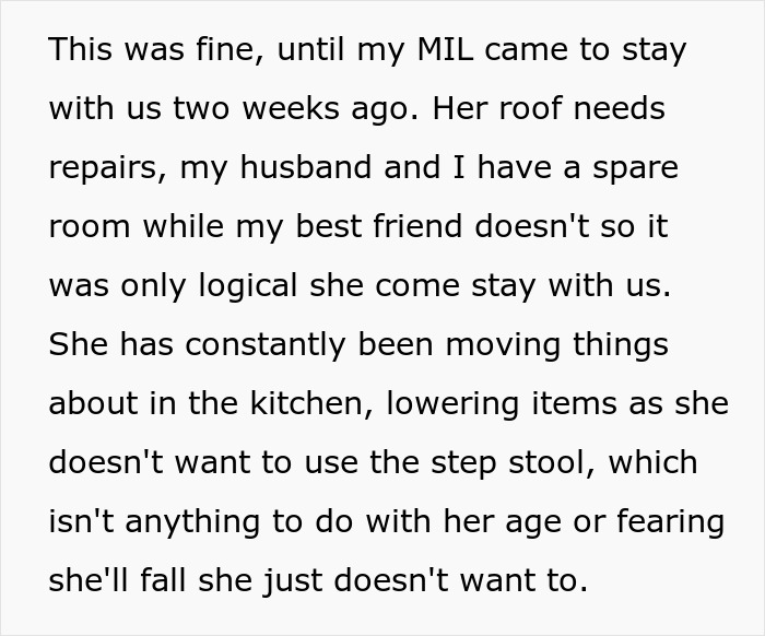 Text about MIL moving kitchen items, part of a dispute causing emotional distress.