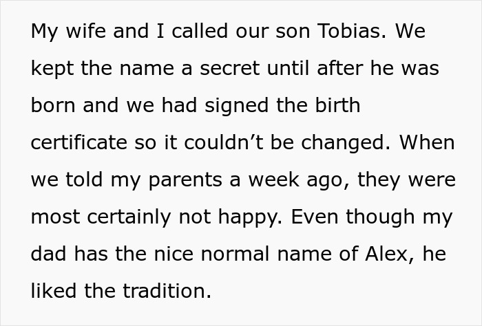 Text discussing a couple breaking family tradition by naming their baby Tobias, kept secret until after birth.