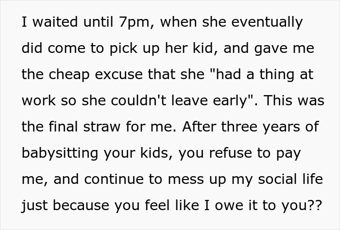 Text excerpt about sister exploiting her brother as a free babysitter, featuring a heated message.