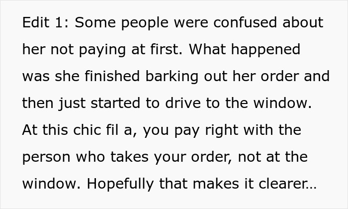 Text explaining a customer's confusion over payment at a drive-thru leading to regretful behavior noticed by police.