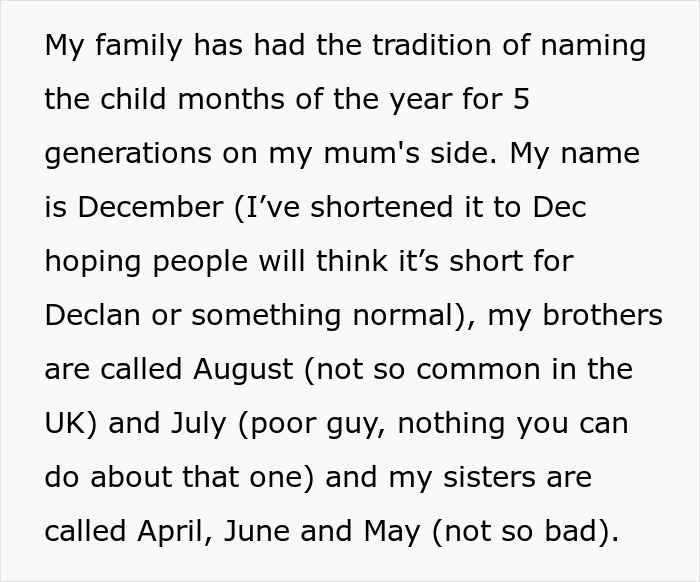 Text about breaking family tradition by naming children after months, like December, August, and July.