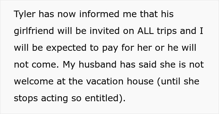 Text image about a son demanding his entitled girlfriend be included on family trips to the Bahamas.