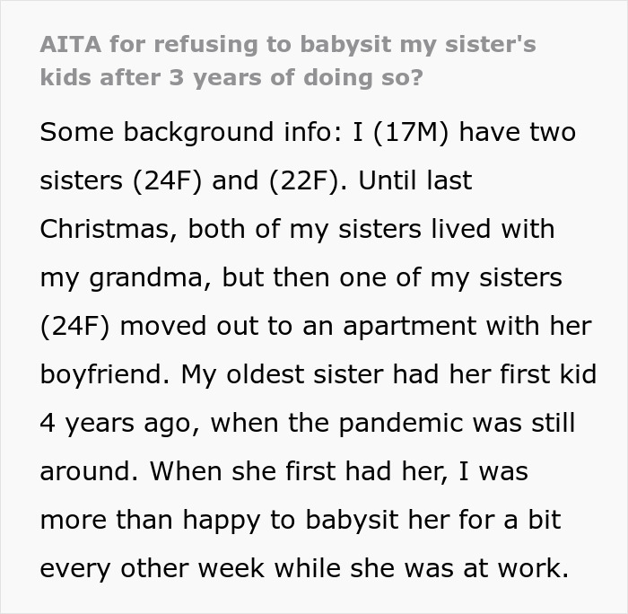 Text image discussing a teen brother refusing to babysit his sister's kids after years.