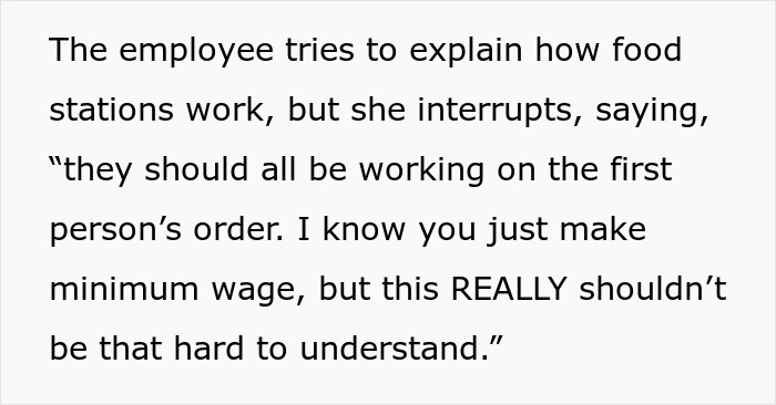 Text highlights a customer's rude interruption about food station logistics, undermining an employee's understanding and wage.