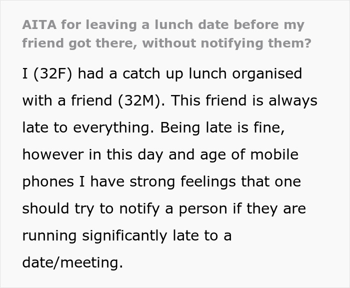 Text discussing a woman considering leaving a lunch date due to her friend's habitual lateness.