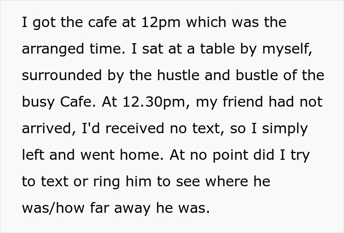 Text recounting a lunch where a friend was always late, leading a woman to leave the busy café after no communication.