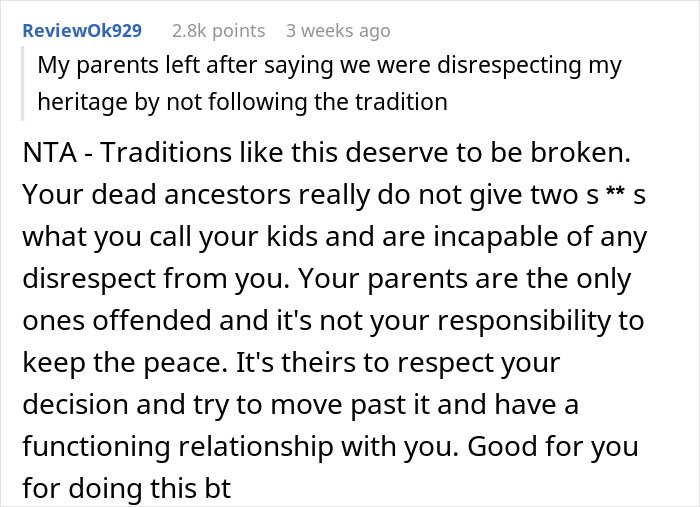 Screenshot of a Reddit comment discussing breaking family tradition in naming a baby.