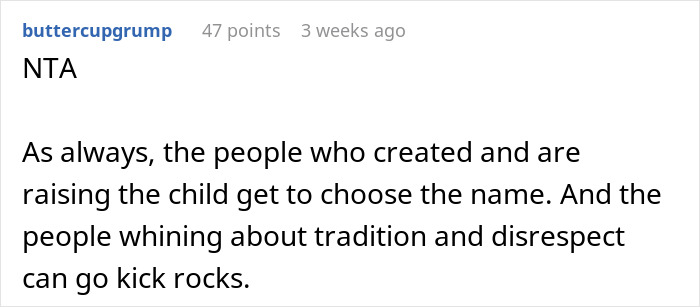 Reddit comment discussing breaking family tradition in naming a baby, supporting parental choice over tradition.