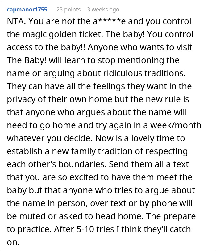 Text discussing the impact of breaking family tradition on naming a baby and setting boundaries with relatives.