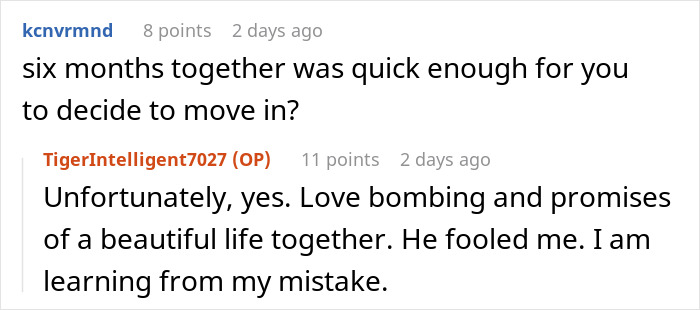 Reddit user discusses discovering boyfriend's dark personality after moving in too quickly, mentioning love bombing.