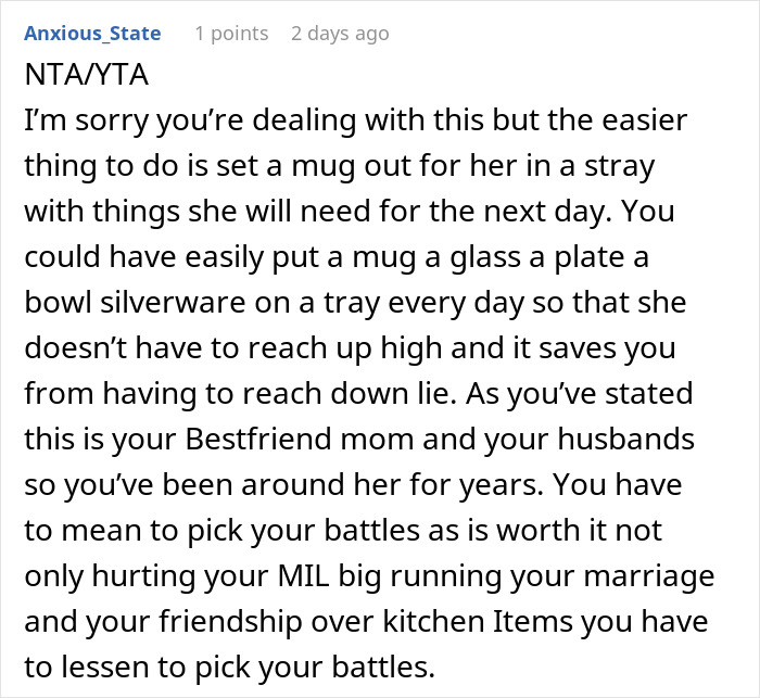 Screenshot of a comment discussing methods to manage a MIL's behavior, focusing on household item placement.