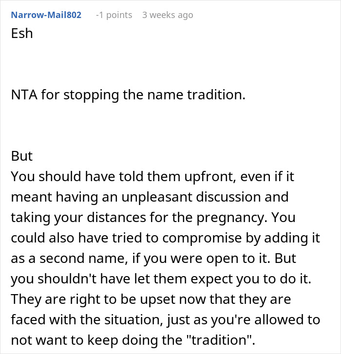 Discussion on breaking tradition in naming baby, highlighting family tensions and compromise suggestions.