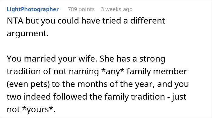 Text discussing breaking family tradition in naming a baby, with a focus on month-related names.