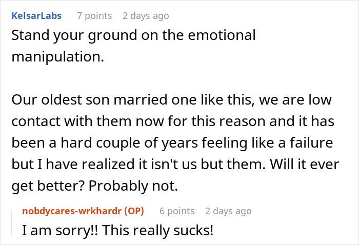 Reddit comment discussing family conflict over entitled girlfriend and emotional manipulation.