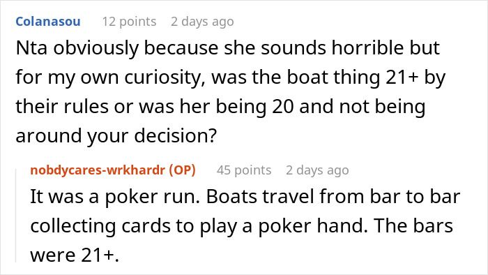 Reddit thread discussing son's demand for including girlfriend on Bahamas trip; mentions poker run with 21+ age limit.