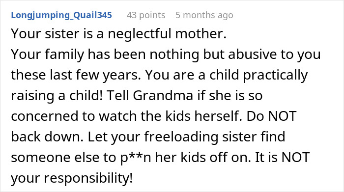 Text comment criticizing a sister exploiting her brother as a free babysitter.