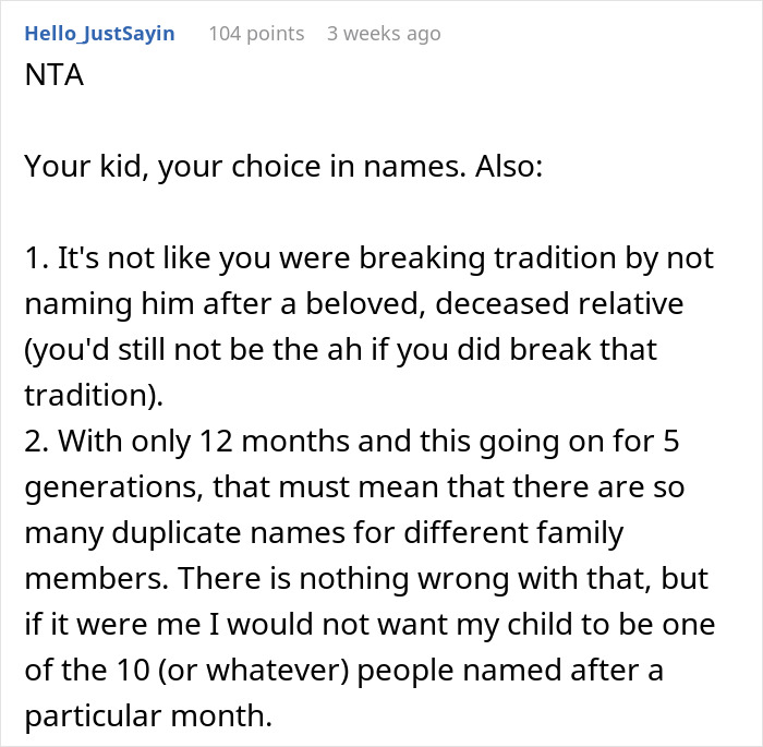 Screenshot of a Reddit comment discussing breaking family tradition in naming a baby.