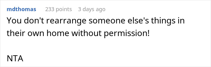 Reddit comment about respecting boundaries at home, referencing MIL's actions.