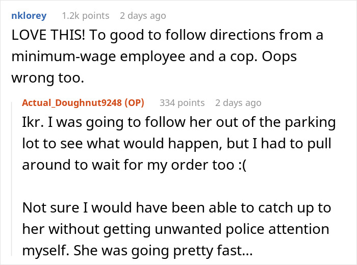 Reddit comments discussing a Karen's regret due to police presence, with user reactions and opinions shared.