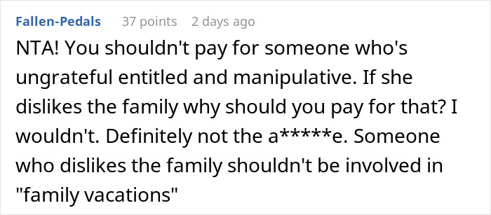 Reddit comment supporting decision not to include entitled girlfriend on Bahamas trip.