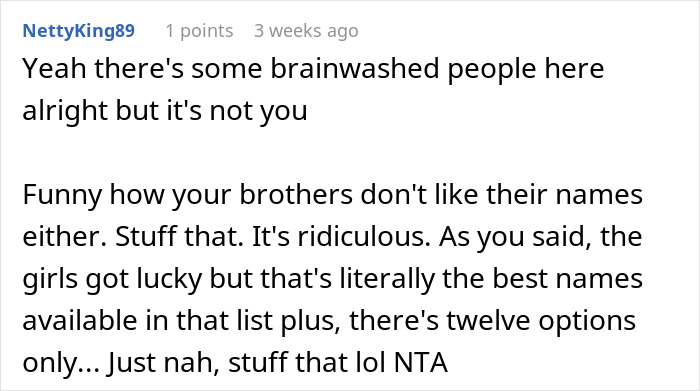 Comment discussing breaking family tradition in naming a baby, expressing dissatisfaction with limited name options.