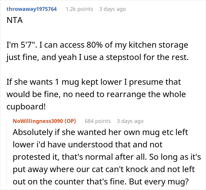 Reddit discussion about kitchen storage, featuring a debate over rearranging cupboards.