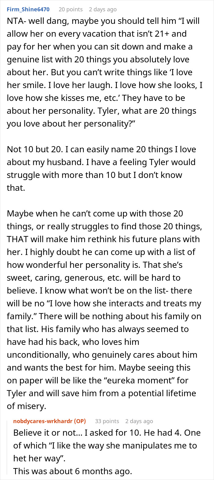 Reddit post discussing a son's demand to include his girlfriend on a Bahamas trip, sparking family conflict.