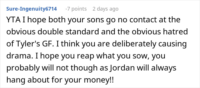 Negative online comment about Bahamas trip dispute over son's entitled girlfriend.