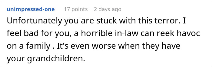 Comment discussing challenges with a difficult in-law dynamic and its impact on family.