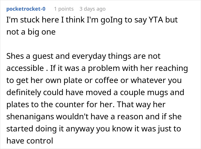 Reddit comment discussing conflict and guest accessibility issues in a household.