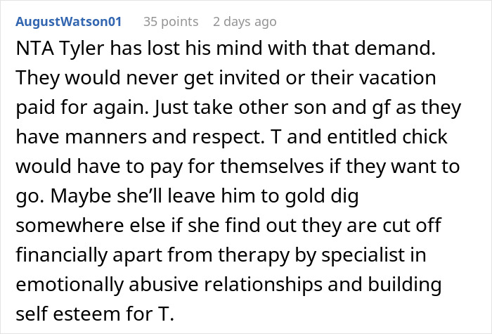 Reddit comment criticizing son's demand for entitled girlfriend to join family Bahamas trip.